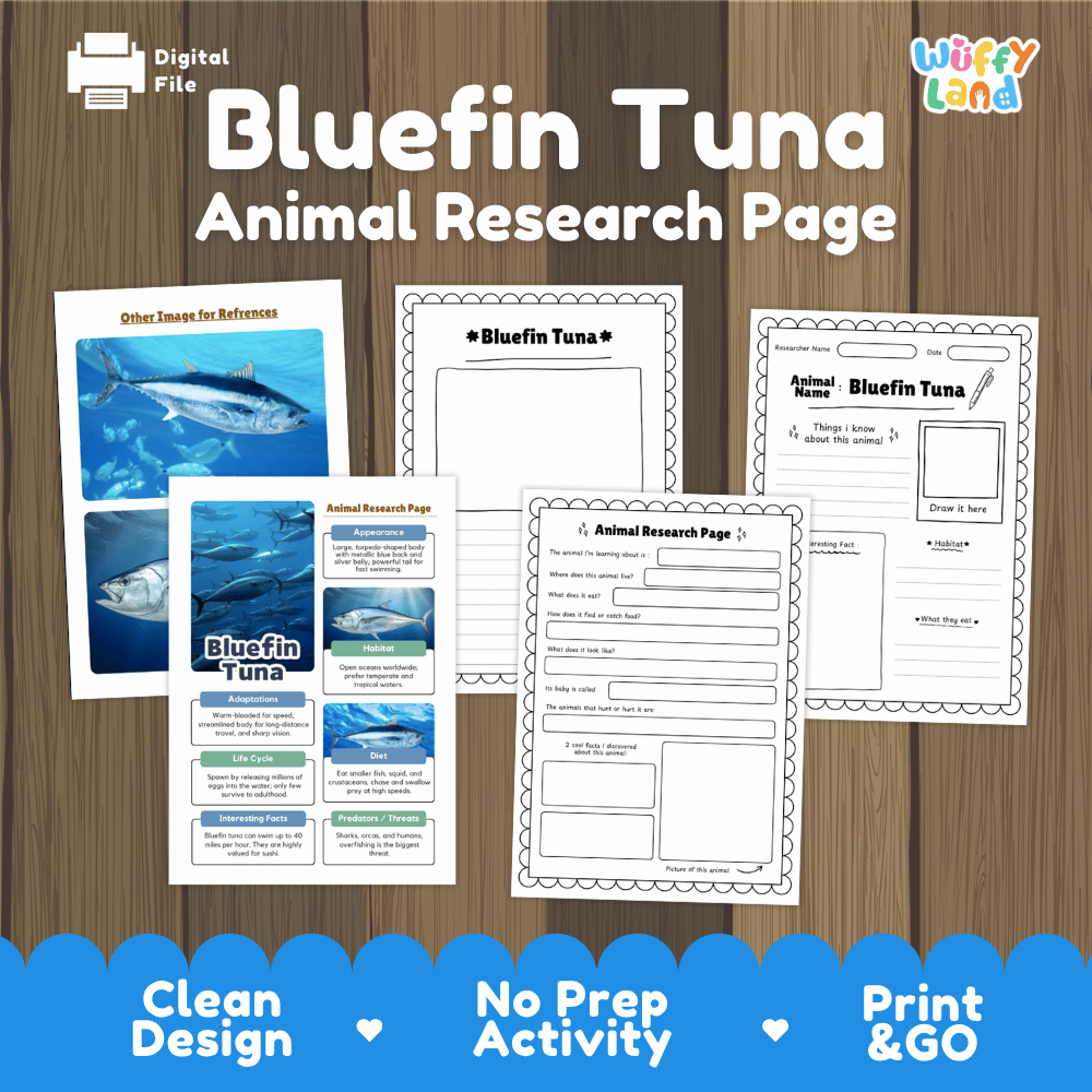 Digital preview of a Bluefin Tuna Animal Research Page activity sheet set on a wood background, showing the cover page and several worksheet pages. The brand logo 'Wiffy Land' is visible in the top right corner.