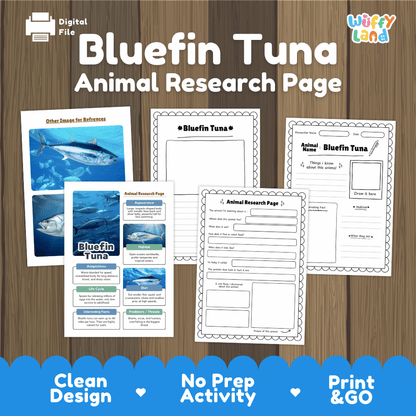 Digital preview of a Bluefin Tuna Animal Research Page activity sheet set on a wood background, showing the cover page and several worksheet pages. The brand logo 'Wiffy Land' is visible in the top right corner.