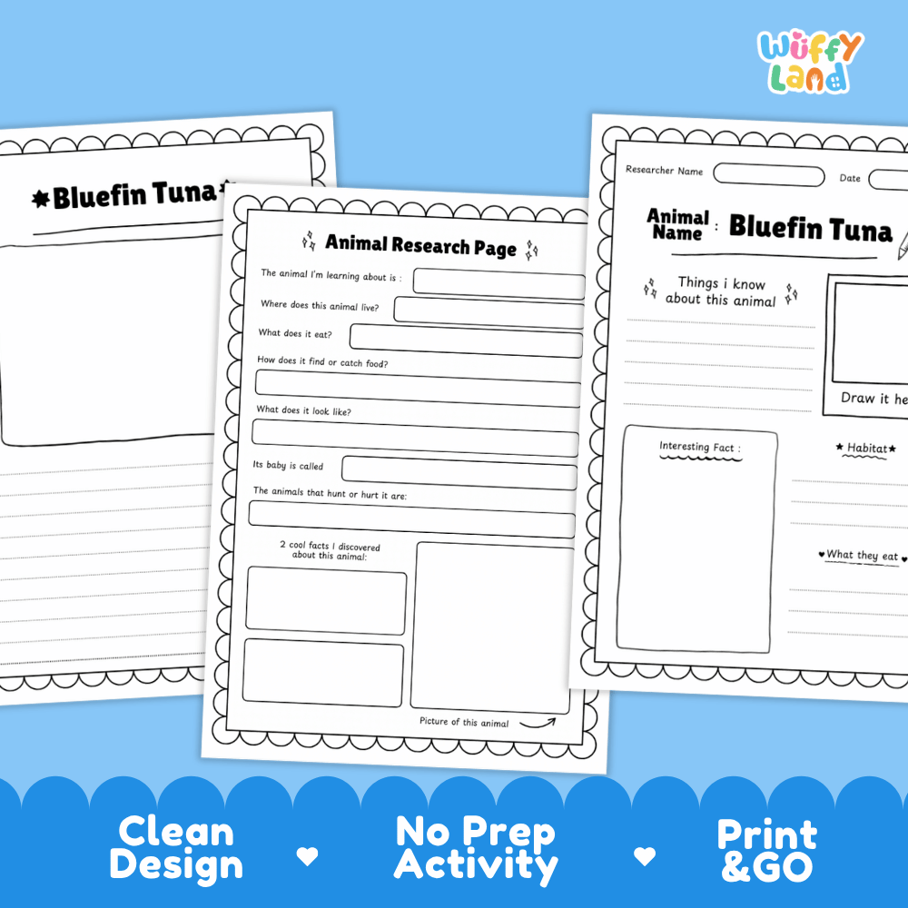 Three printable worksheet pages for an animal research activity titled 'Bluefin Tuna' are shown on a blue background with marketing text at the bottom. The sheets are white with black text and border lines, and the brand name 'Wiffy Land' appears in the top right.