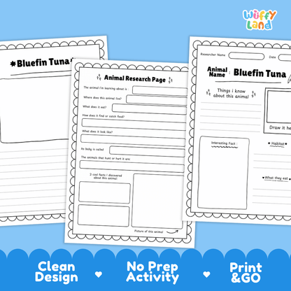 Three printable worksheet pages for an animal research activity titled 'Bluefin Tuna' are shown on a blue background with marketing text at the bottom. The sheets are white with black text and border lines, and the brand name 'Wiffy Land' appears in the top right.