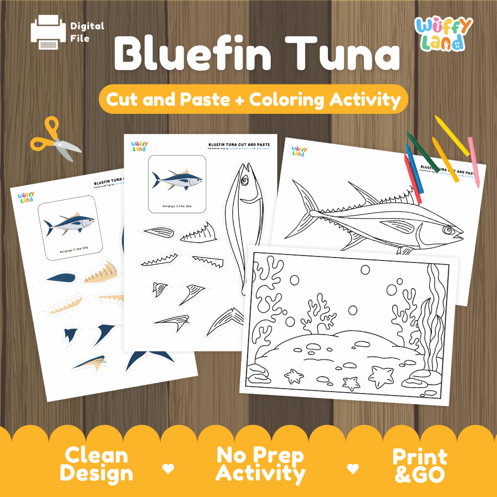 Bluefin Tuna Cut and Paste Craft and Coloring Pages Activity Worksheets