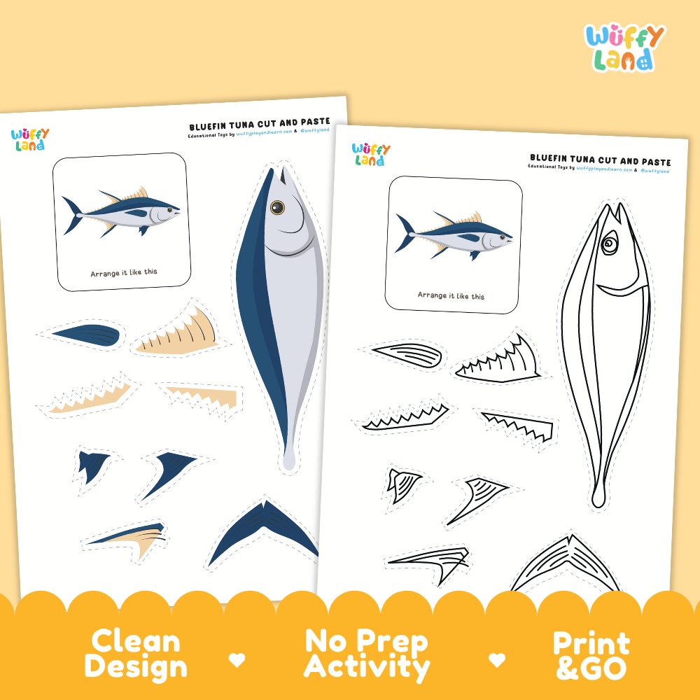 Bluefin Tuna Cut and Paste Craft and Coloring Pages Activity Worksheets