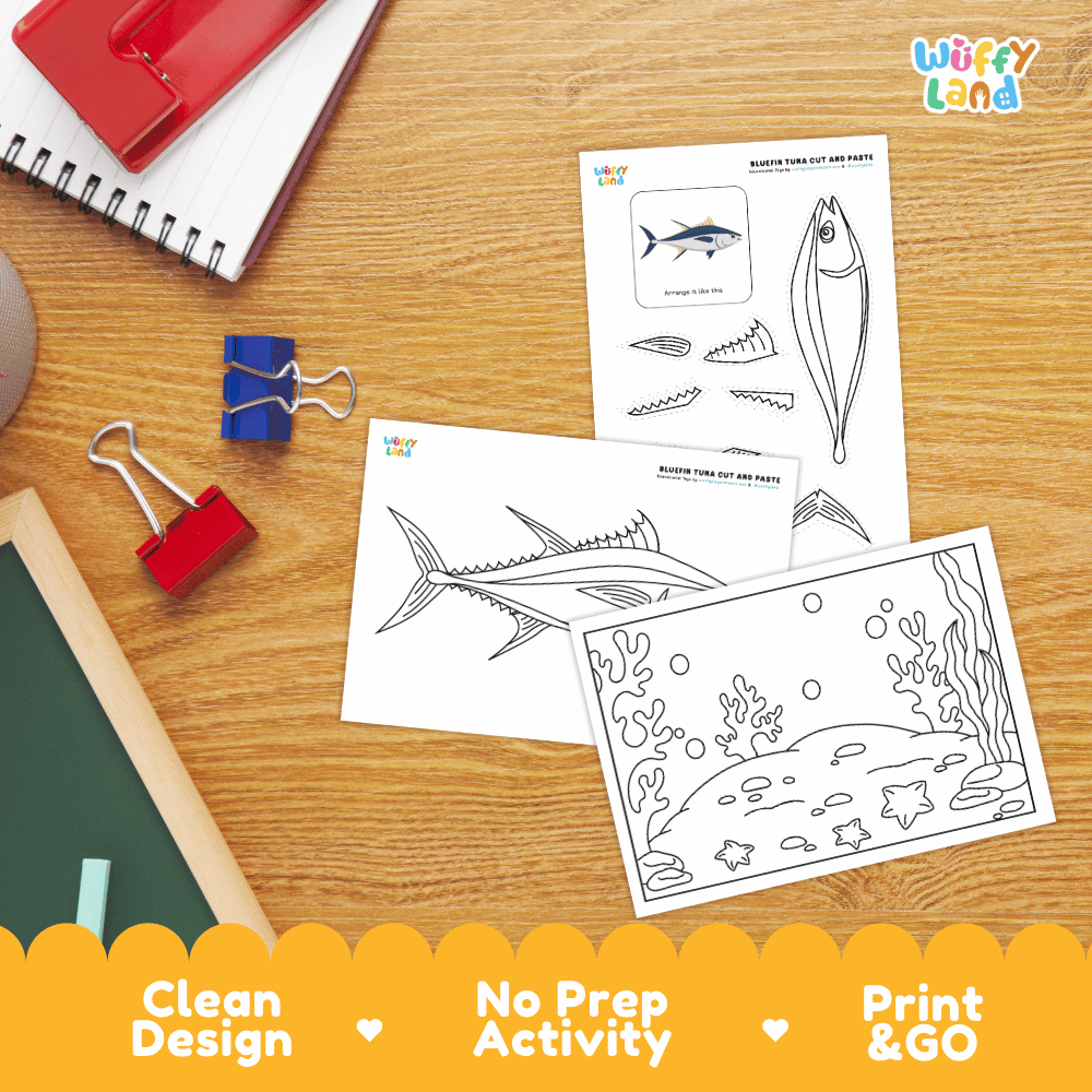 Bluefin Tuna Cut and Paste Craft and Coloring Pages Activity Worksheets