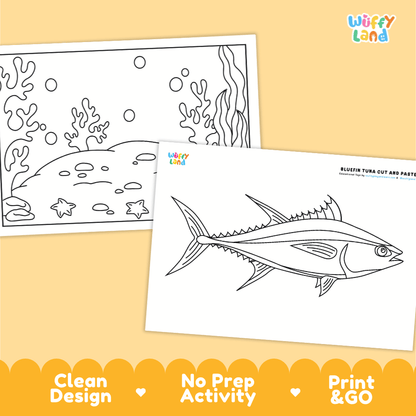 Bluefin Tuna Cut and Paste Craft and Coloring Pages Activity Worksheets