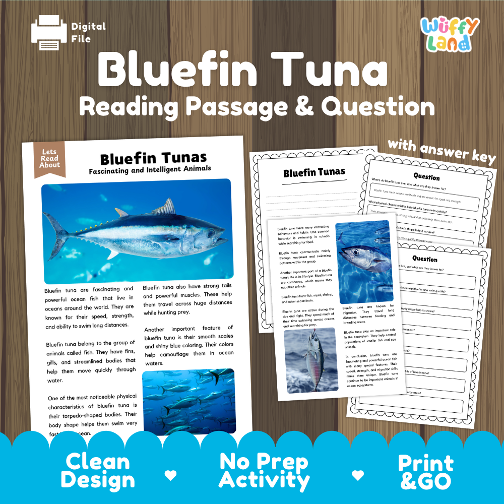 Bluefin Tuna Reading Passage and Comprehension Questions with Answer Key Worksheets