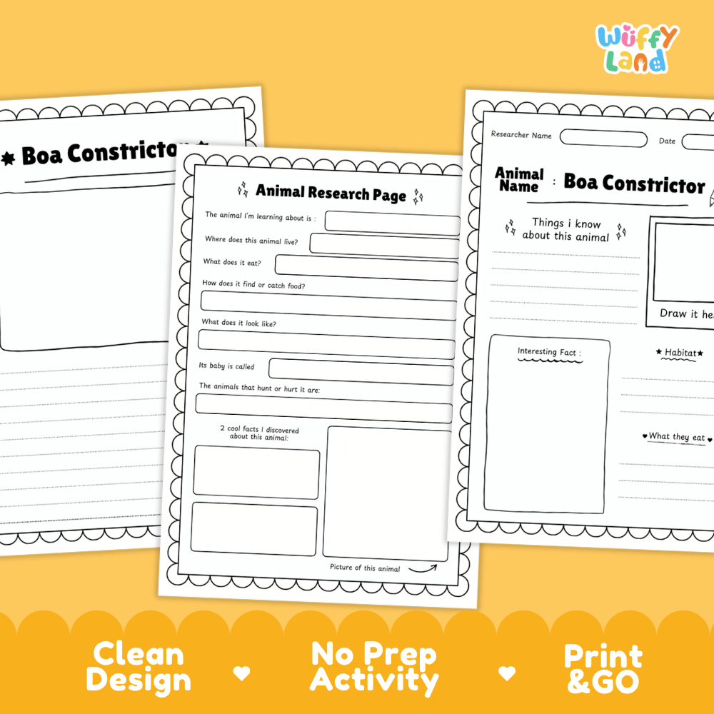 Three printable educational worksheet pages for animal research and writing are displayed on a bright yellow background. The pages are black and white with decorative scalloped borders and text including 'Animal Research Page' and 'Animal Name - Boa Constrictor.