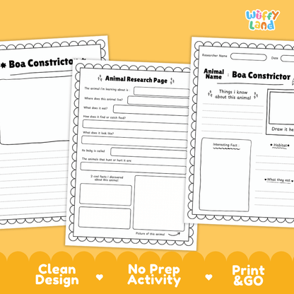 Three printable educational worksheet pages for animal research and writing are displayed on a bright yellow background. The pages are black and white with decorative scalloped borders and text including 'Animal Research Page' and 'Animal Name - Boa Constrictor.