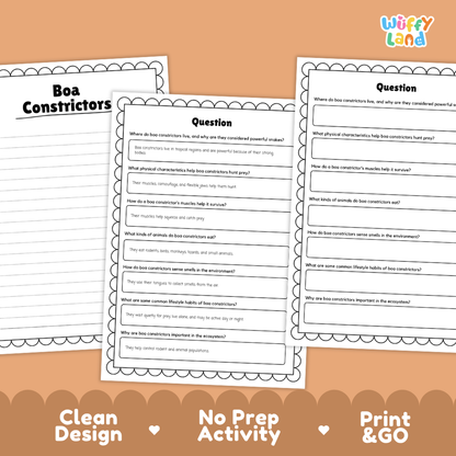 Boa Constrictor Reading Passage and Comprehension Questions with Answer Key Worksheets