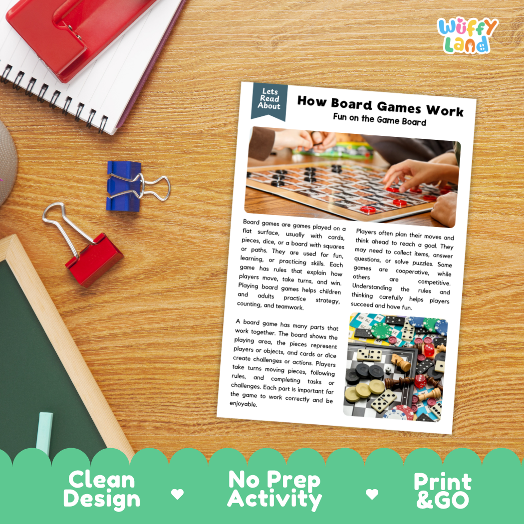 Printable student worksheet with short-answer reading comprehension questions covering board games and strategy