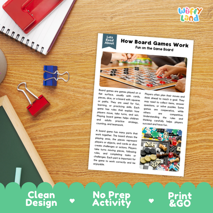Printable student worksheet with short-answer reading comprehension questions covering board games and strategy