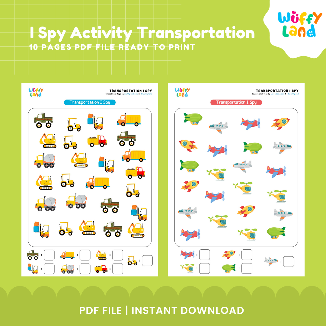 Early learning transportation I spy pages featuring sailboats, submarines, colorful monster trucks, and cars ⛵🚚