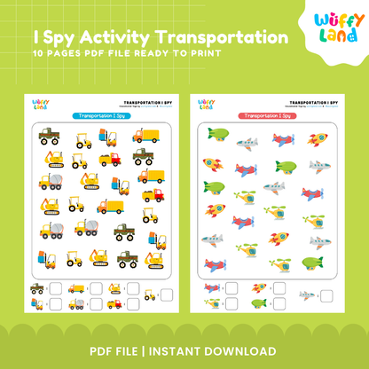 Early learning transportation I spy pages featuring sailboats, submarines, colorful monster trucks, and cars ⛵🚚