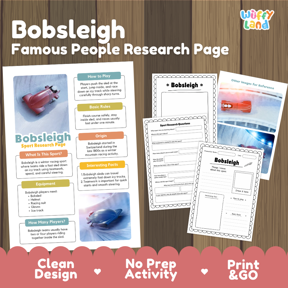 A product listing graphic for a 'Bobsleigh Famous People Research Page' activity sheet by Wiffly Land, displayed on a dark wood background with promotional text at the bottom.