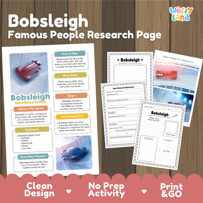 A product listing graphic for a 'Bobsleigh Famous People Research Page' activity sheet by Wiffly Land, displayed on a dark wood background with promotional text at the bottom.