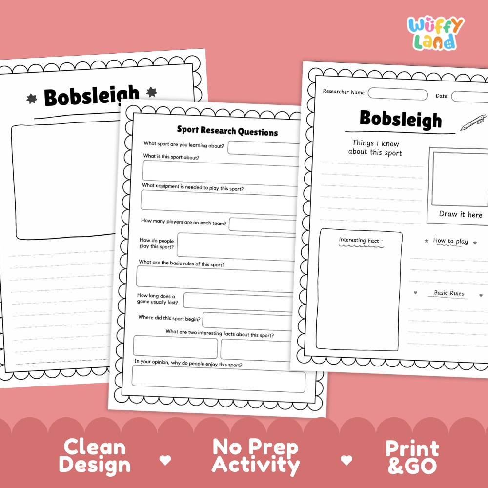 Three printable worksheet pages for a bobsleigh activity are shown on a pink background with decorative text reading 'Clean Design', 'No Prep Activity', and 'Print & GO'. The worksheets have black outlines and text on white pages, and the brand name 'Wiffly Land' appears in the top right corner.