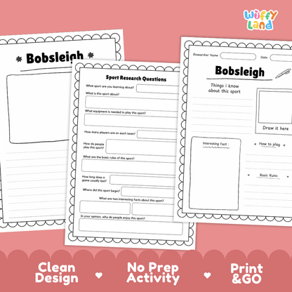 Three printable worksheet pages for a bobsleigh activity are shown on a pink background with decorative text reading 'Clean Design', 'No Prep Activity', and 'Print & GO'. The worksheets have black outlines and text on white pages, and the brand name 'Wiffly Land' appears in the top right corner.