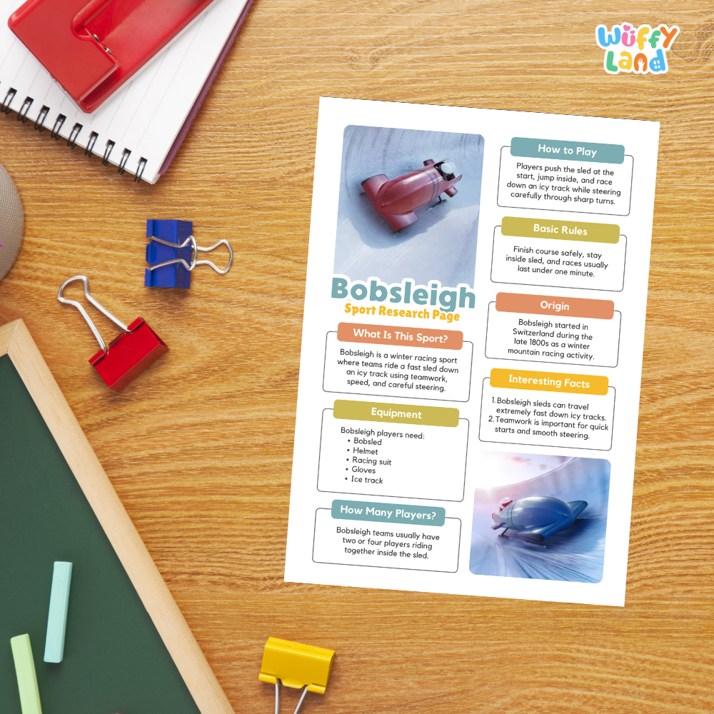 A printed educational poster titled 'Bobsleigh Sport Research Page' by Wiffy Land, styled on a desk next to a red spiral notebook, blue and red binder clips, a green chalkboard, and a black pen.