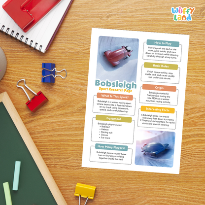 A printed educational poster titled 'Bobsleigh Sport Research Page' by Wiffy Land, styled on a desk next to a red spiral notebook, blue and red binder clips, a green chalkboard, and a black pen.