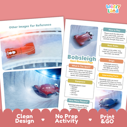 An educational poster about bobsleigh sport, featuring a red bobsleigh on a snowy track, with text sections on how to play, basic rules, origin, equipment, and interesting facts. The poster is displayed on a pink background with decorative scalloped borders and the brand name 'Wiffy Land' in the top right corner.
