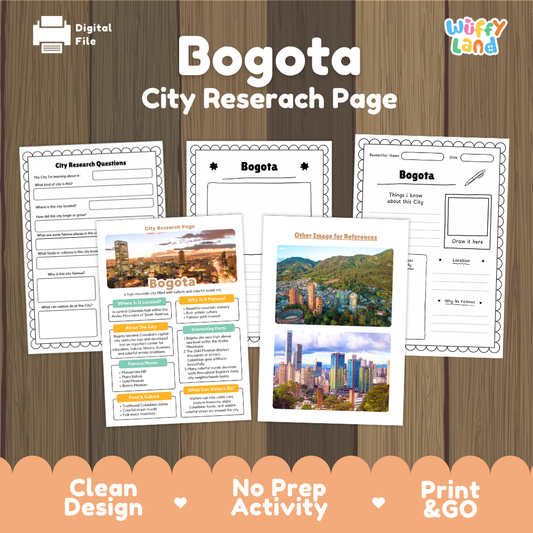 Digital file preview of a 'Bogota City Research Page' activity sheet set on a wood background, featuring worksheet pages and a reference image card with colorful city photos of Bogota, Colombia. Brand logo 'Wiffly Land' is visible in the top right.