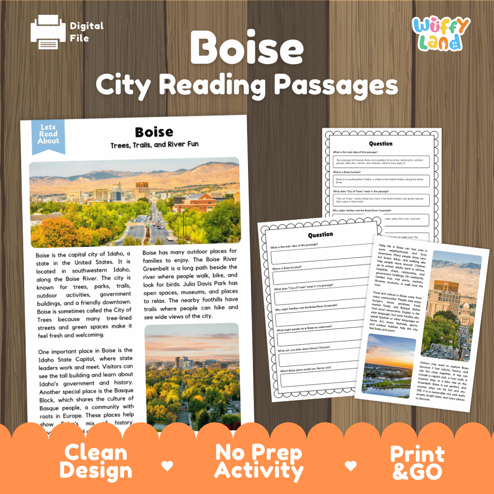 Boise city reading passages and comprehension worksheet educational unit featuring nonfiction text and authentic Boise Idaho skyline with foothills photography