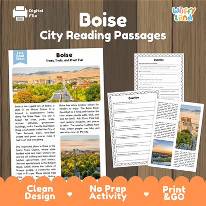 Boise city reading passages and comprehension worksheet educational unit featuring nonfiction text and authentic Boise Idaho skyline with foothills photography