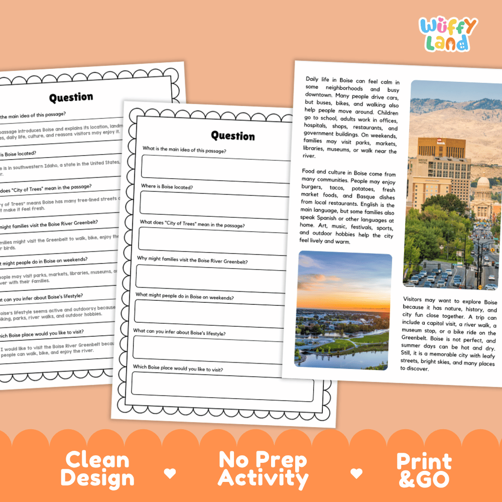 Lined reading comprehension question worksheet covering main ideas vocabulary terms City of Trees facts and river recreation in Boise Idaho