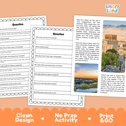 Lined reading comprehension question worksheet covering main ideas vocabulary terms City of Trees facts and river recreation in Boise Idaho