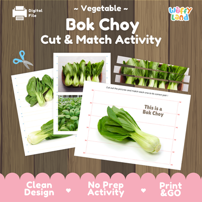 Bok choy cut and match activity cover showing printable fine motor puzzle sheets and vegetable photographs