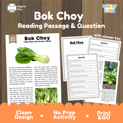 Bok choy reading comprehension passage and questions printable activity pack with answer key for elementary students