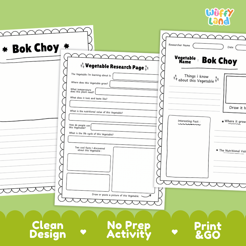 Bok Choy Vegetable Research Page Worksheets