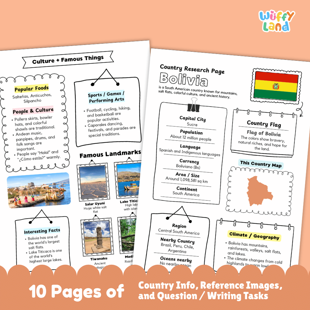 Bolivia Country Research Project Worksheets and Activity Pages