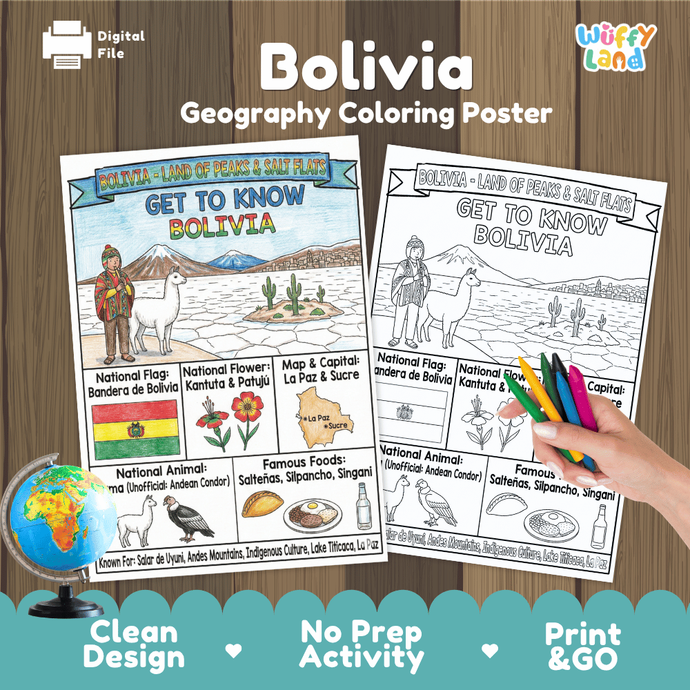 Bolivia Geography Coloring Poster and Fact Sheet Printables