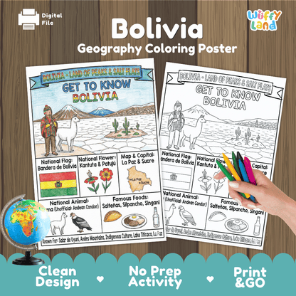 Bolivia Geography Coloring Poster and Fact Sheet Printables