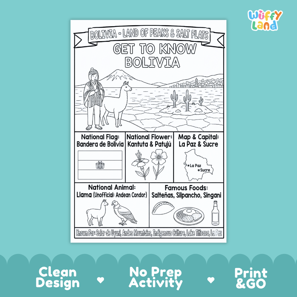 Bolivia Geography Coloring Poster and Fact Sheet Printables