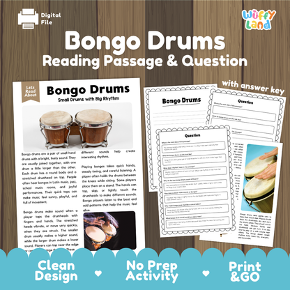 Bongo Drums reading comprehension passage and questions printable activity pack with answer key for elementary students
