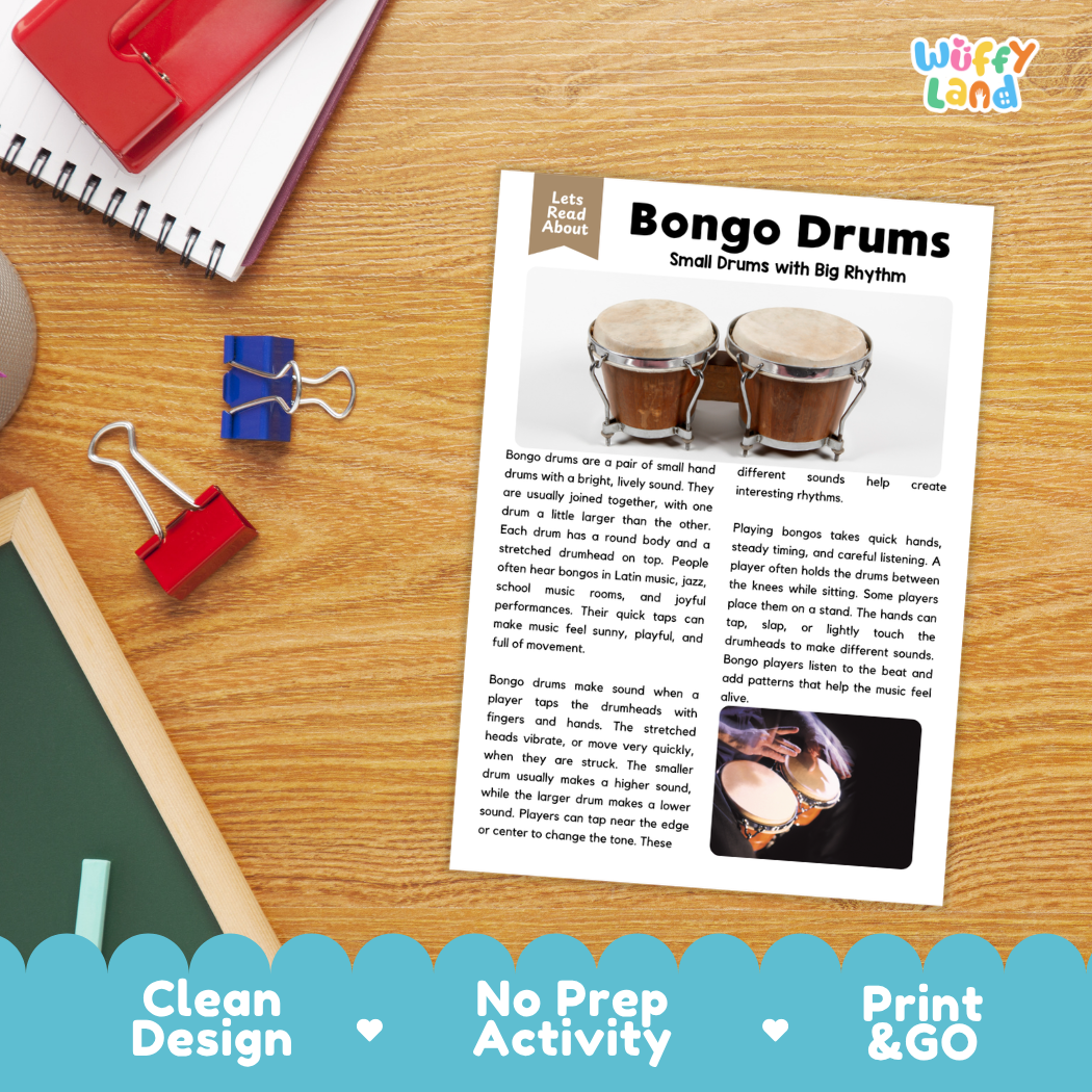 Student reading comprehension worksheet with short-answer questions and lined sections about the bongo drums instrument