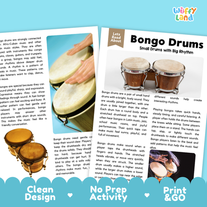Teacher answer key page showing complete question solutions for Bongo Drums music education reading comprehension practice