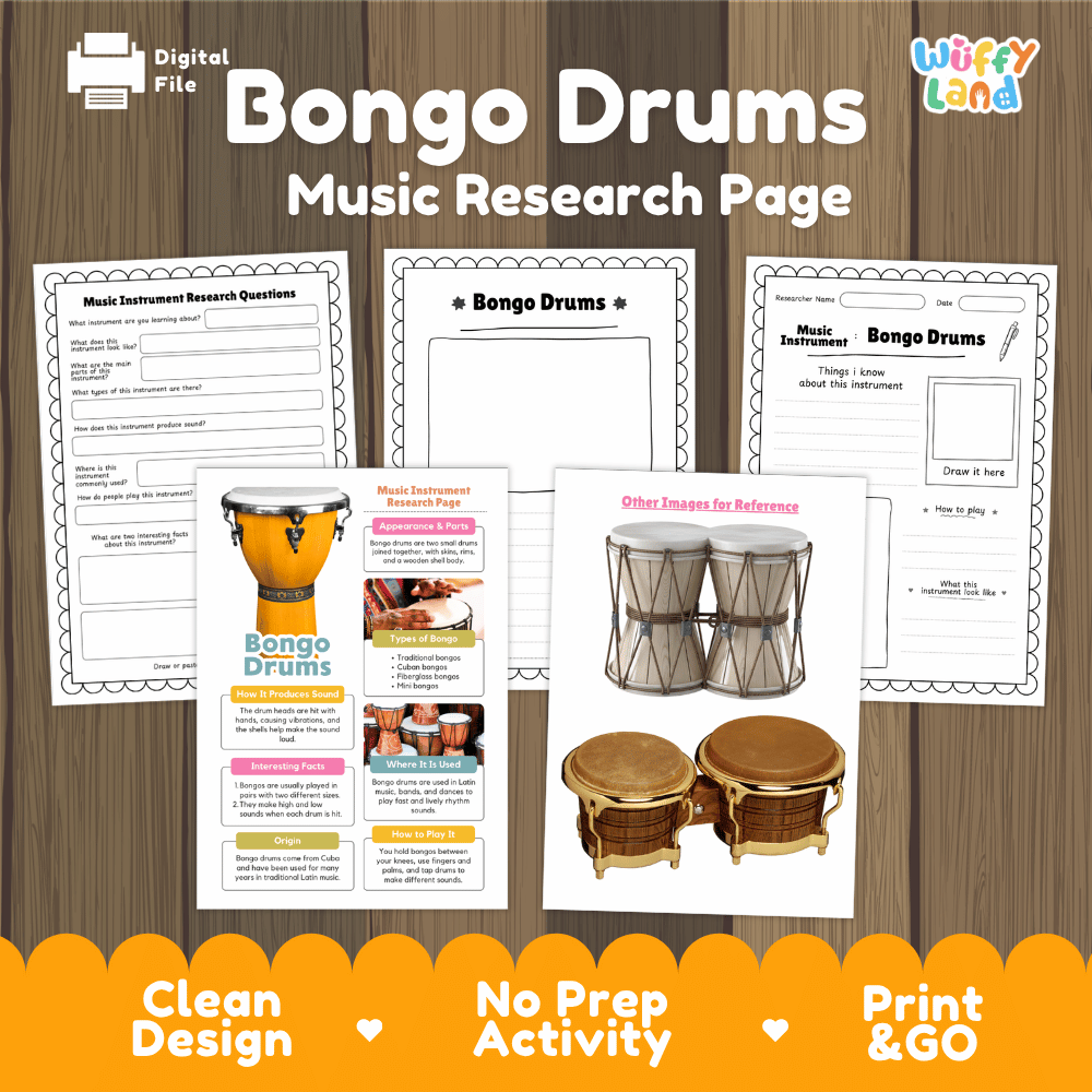 Bongo Drums Music Research Page Worksheets and Information Poster