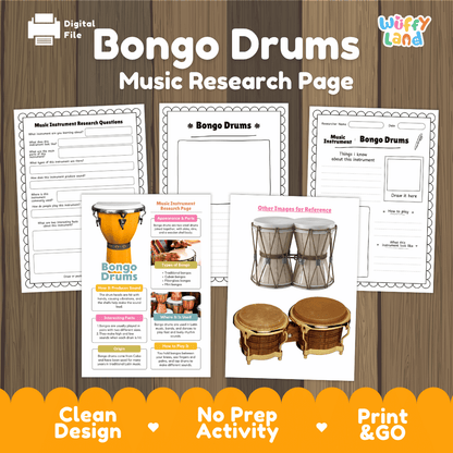 Bongo Drums Music Research Page Worksheets and Information Poster