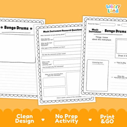 Bongo Drums Music Research Page Worksheets and Information Poster
