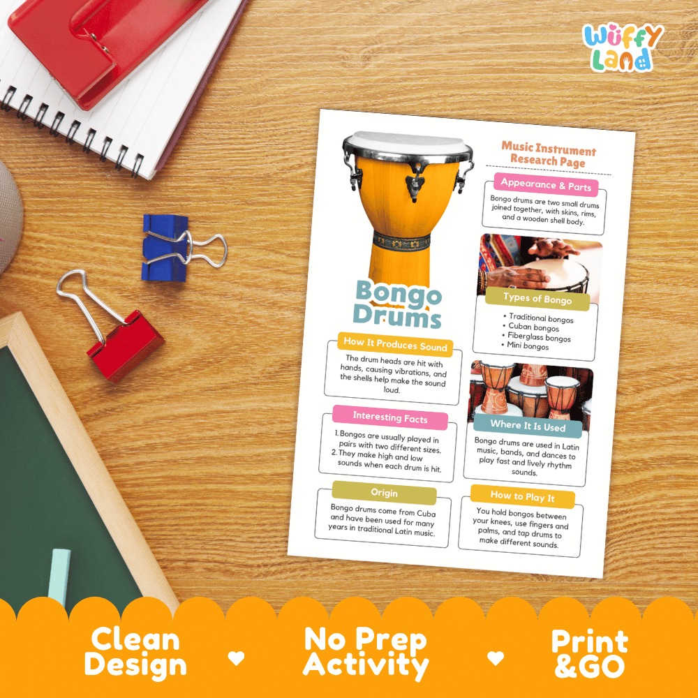 Bongo Drums Music Research Page Worksheets and Information Poster