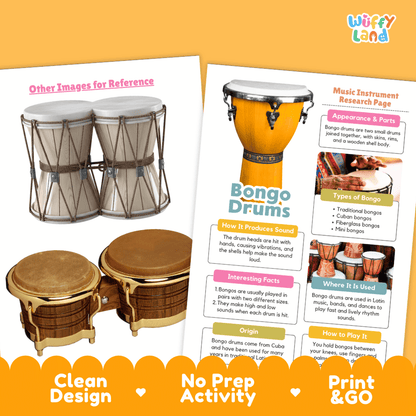 Bongo Drums Music Research Page Worksheets and Information Poster