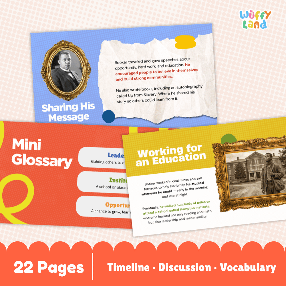 Educational poster set by Wuffy Land featuring a Mini Glossary and Sharing His Message timeline cards, with a '22 Pages' banner at the bottom.