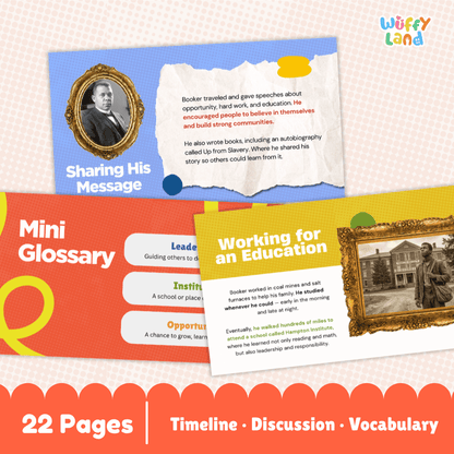 Educational poster set by Wuffy Land featuring a Mini Glossary and Sharing His Message timeline cards, with a '22 Pages' banner at the bottom.