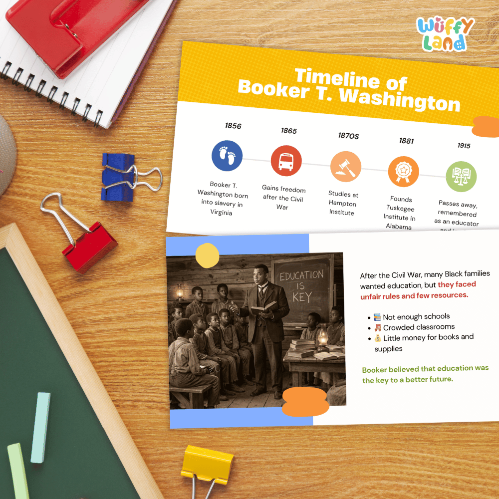 An educational poster titled 'Timeline of Booker T. Washington' laid out on a wooden desk with school supplies including a spiral notebook, binder clips, and a green notebook.