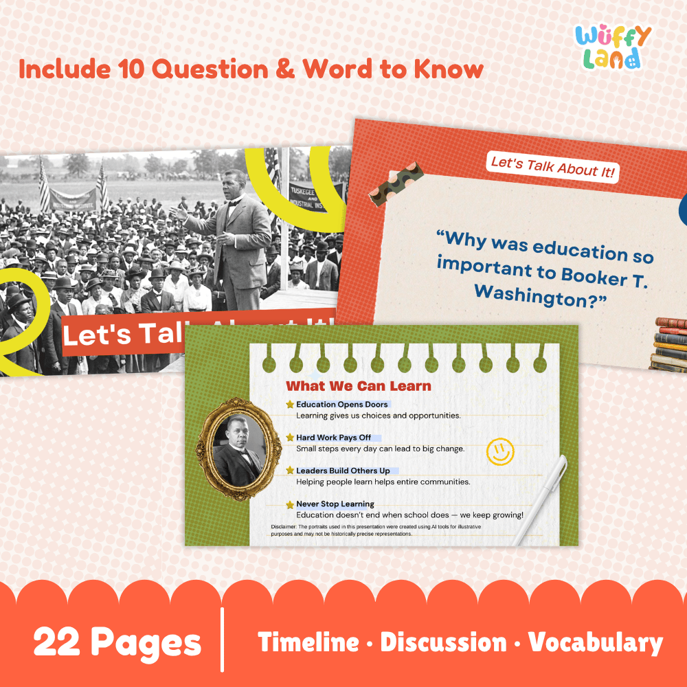 Promotional graphic for an educational printable or book set titled 'Let's Talk About It!' by Wuffy Land. The design shows multiple overlapping pages and panels with text about education, including a quote from Booker T.