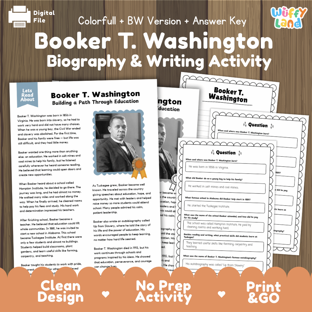 Digital printable activity sheet set for 'Booker T. Washington Biography & Writing Activity' with preview pages, cover page, and worksheet cards on a wood background.
