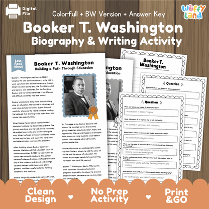 Digital printable activity sheet set for 'Booker T. Washington Biography & Writing Activity' with preview pages, cover page, and worksheet cards on a wood background.