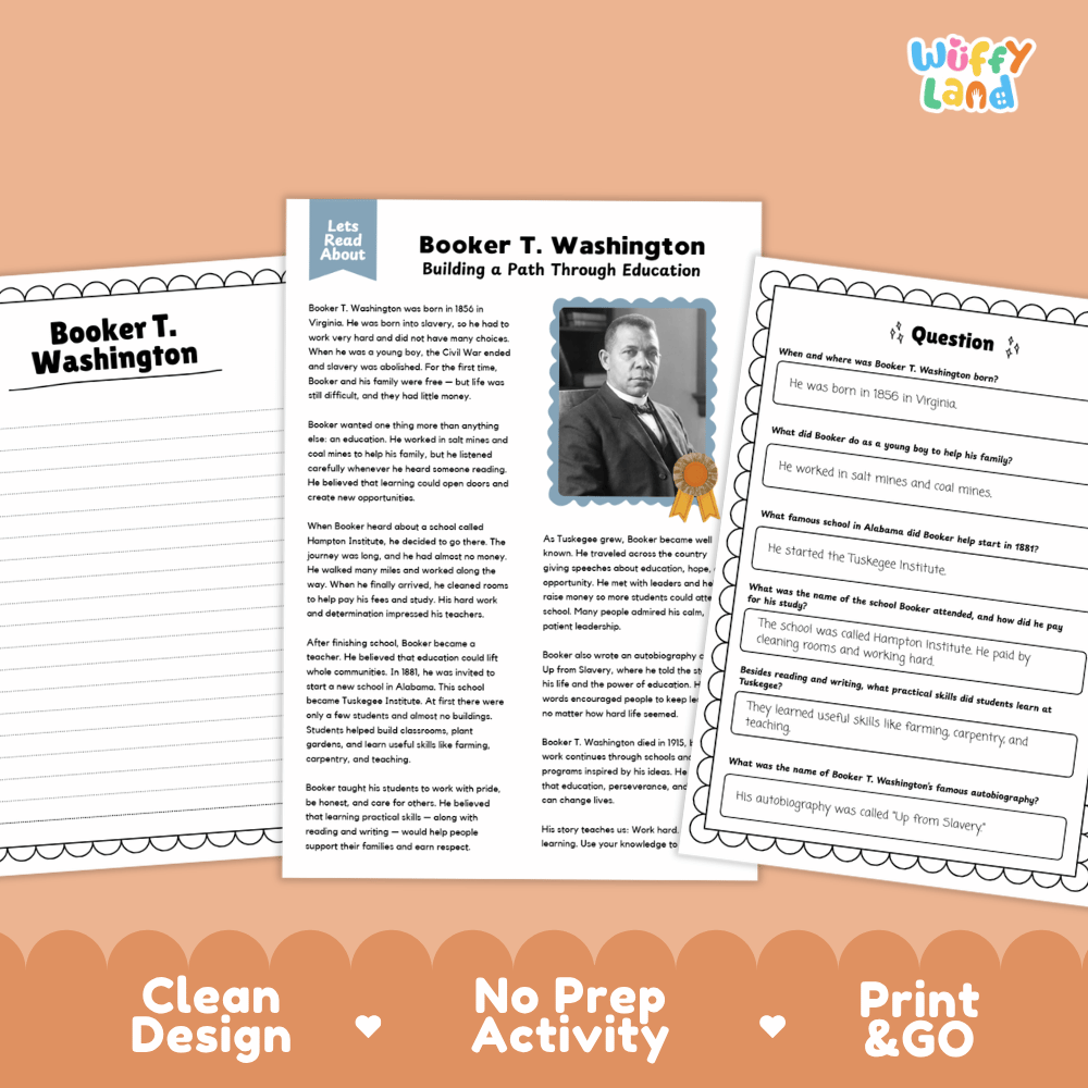 Educational worksheet and activity cards for a 'Booker T. Washington' lesson, displayed on a peach-colored background with 'Wiffly Land' branding in the top right.
